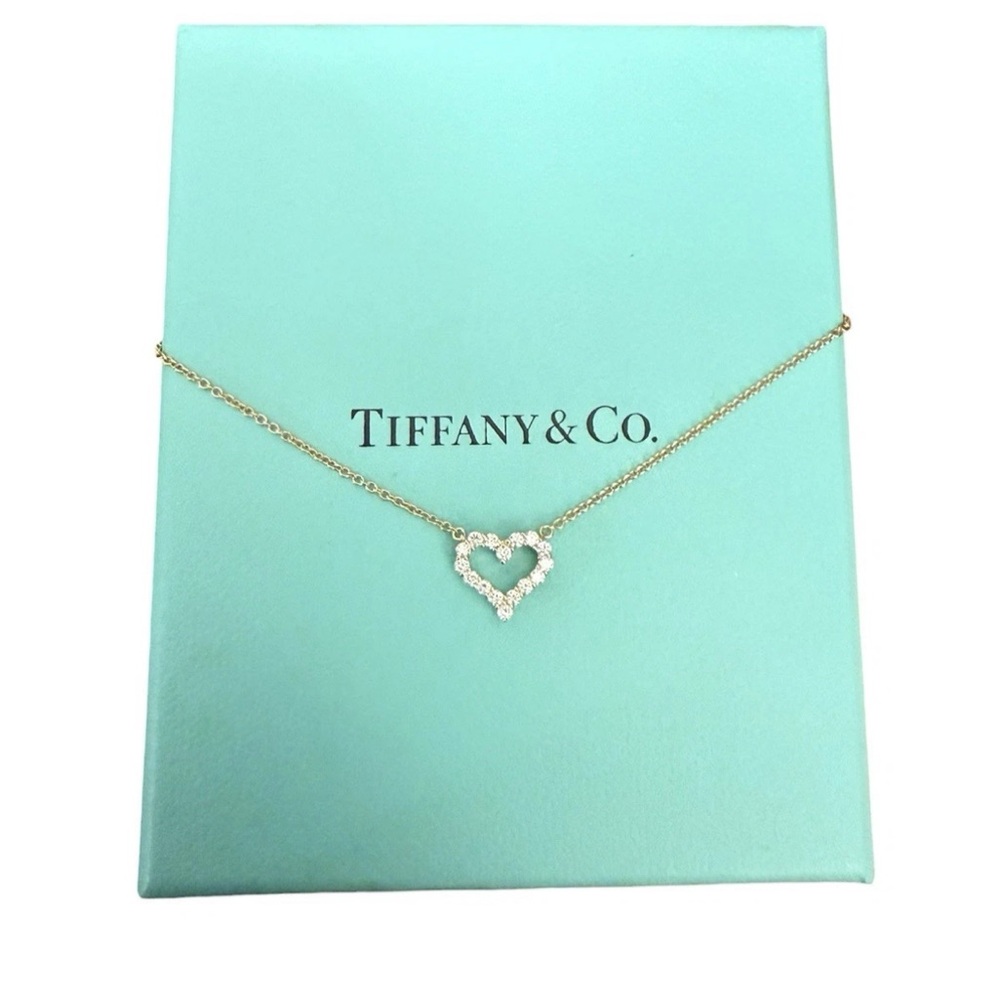 Tiffany & Co 18k Yellow Gold Mini Diamond Heart Pendant Necklace 16" With Box